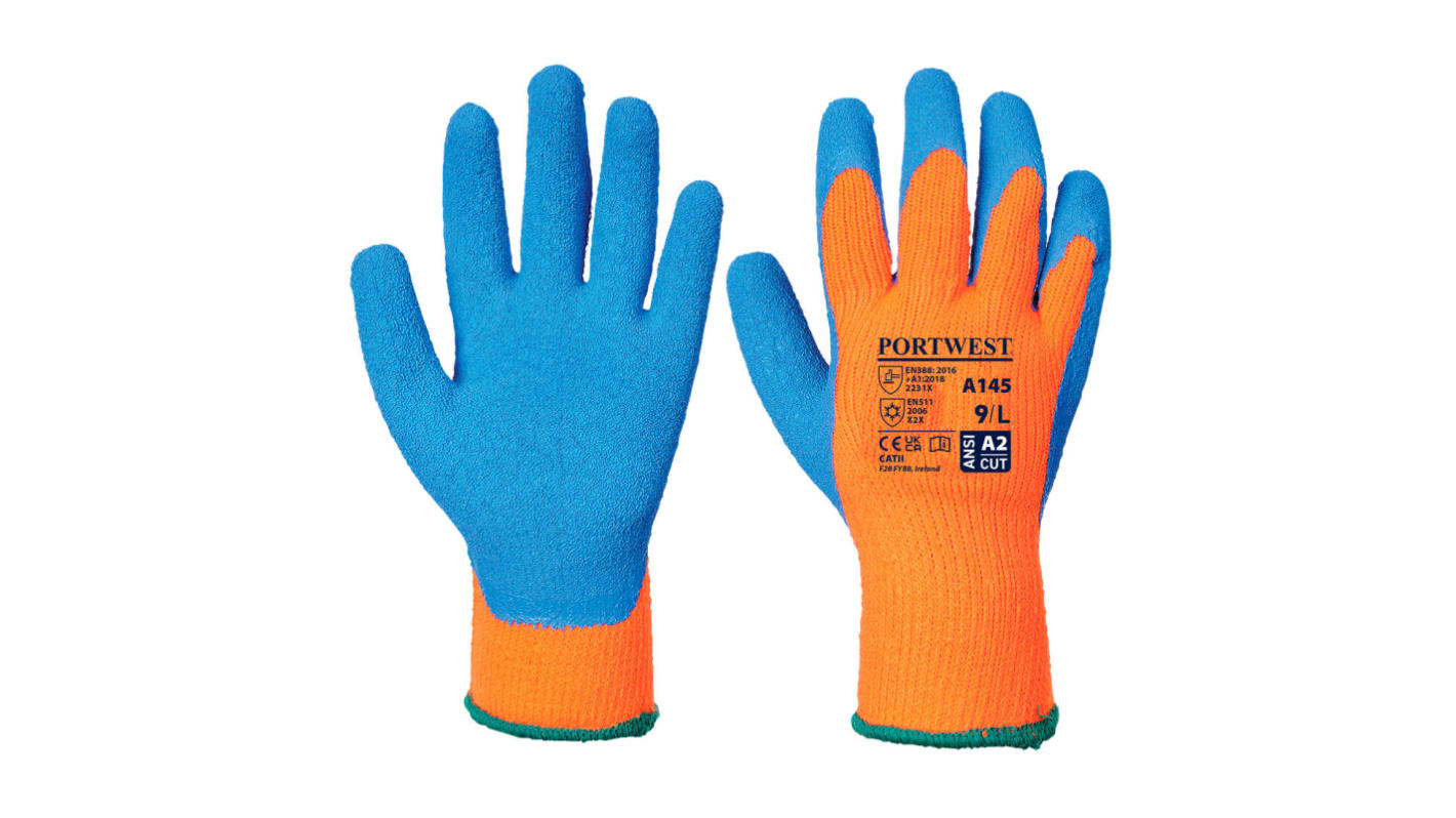 Portwest A145 Blue, Yellow Acrylic, Elastic, Polyester Thermal Gloves, Size 9, Large, Latex Coating