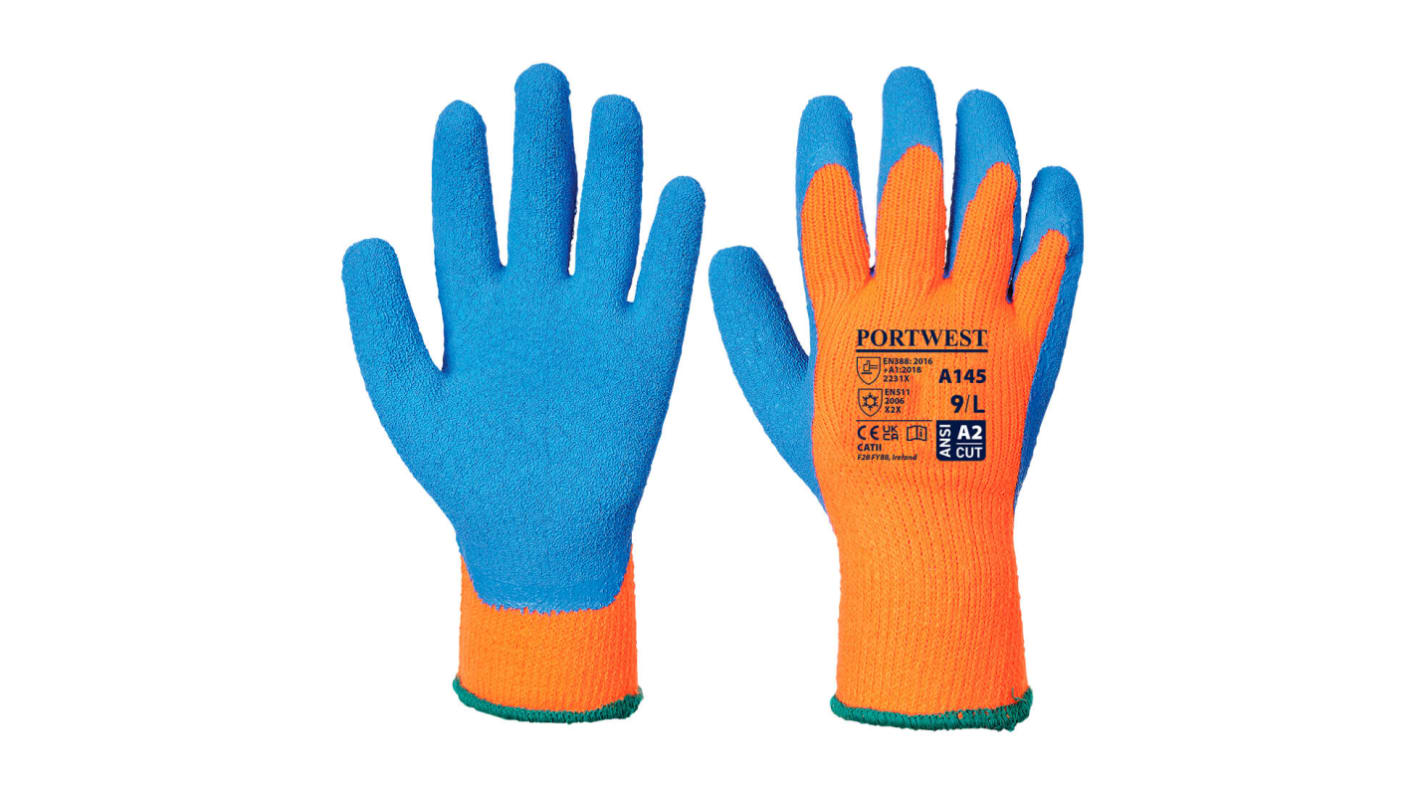 Guantes de Acrílico, Elástico, Poliéster Azul, amarillo Portwest serie A145, talla 9, con recubrimiento de Látex,