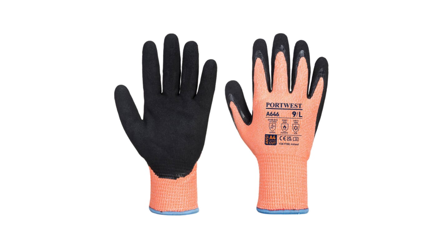 Portwest A646 Black, Orange Acrylic, Elastic, Glass Fibre, HPPE, Polyester Cut Resistant Gloves, Size 7, Nitrile Coating