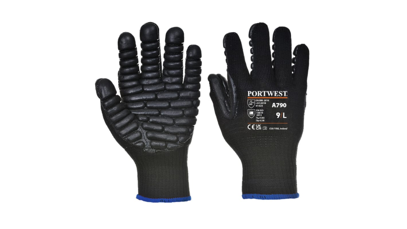 Guantes de Elástico, Poliéster, Caucho cloropreno Negro Portwest serie A790, talla 9, Usos especiales