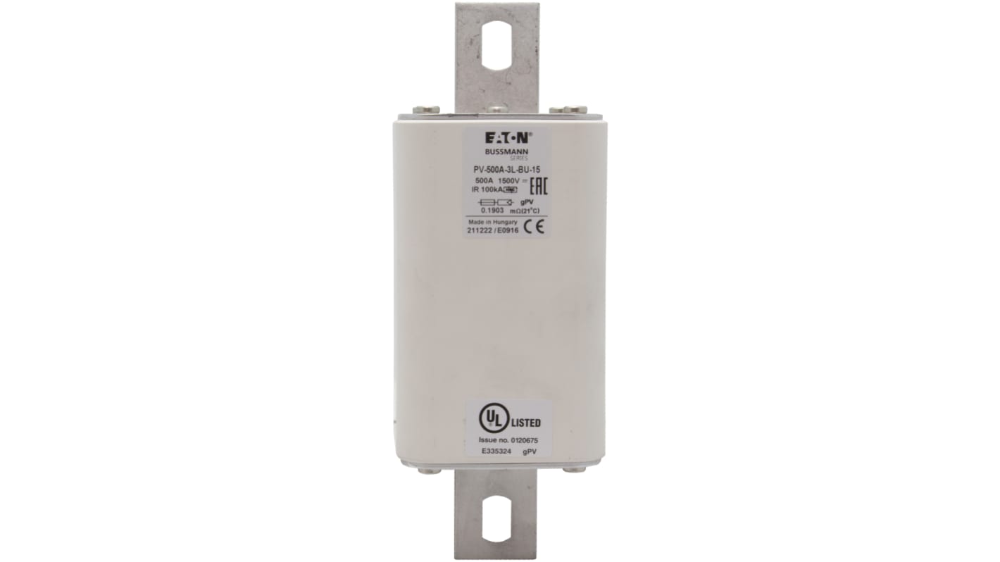 Fusibile con linguette, Eaton, 500A, fusibile 201 x 74 x 74mm, standard IEC 60269-6, fori di fissaggio da 170mm 1.5kV