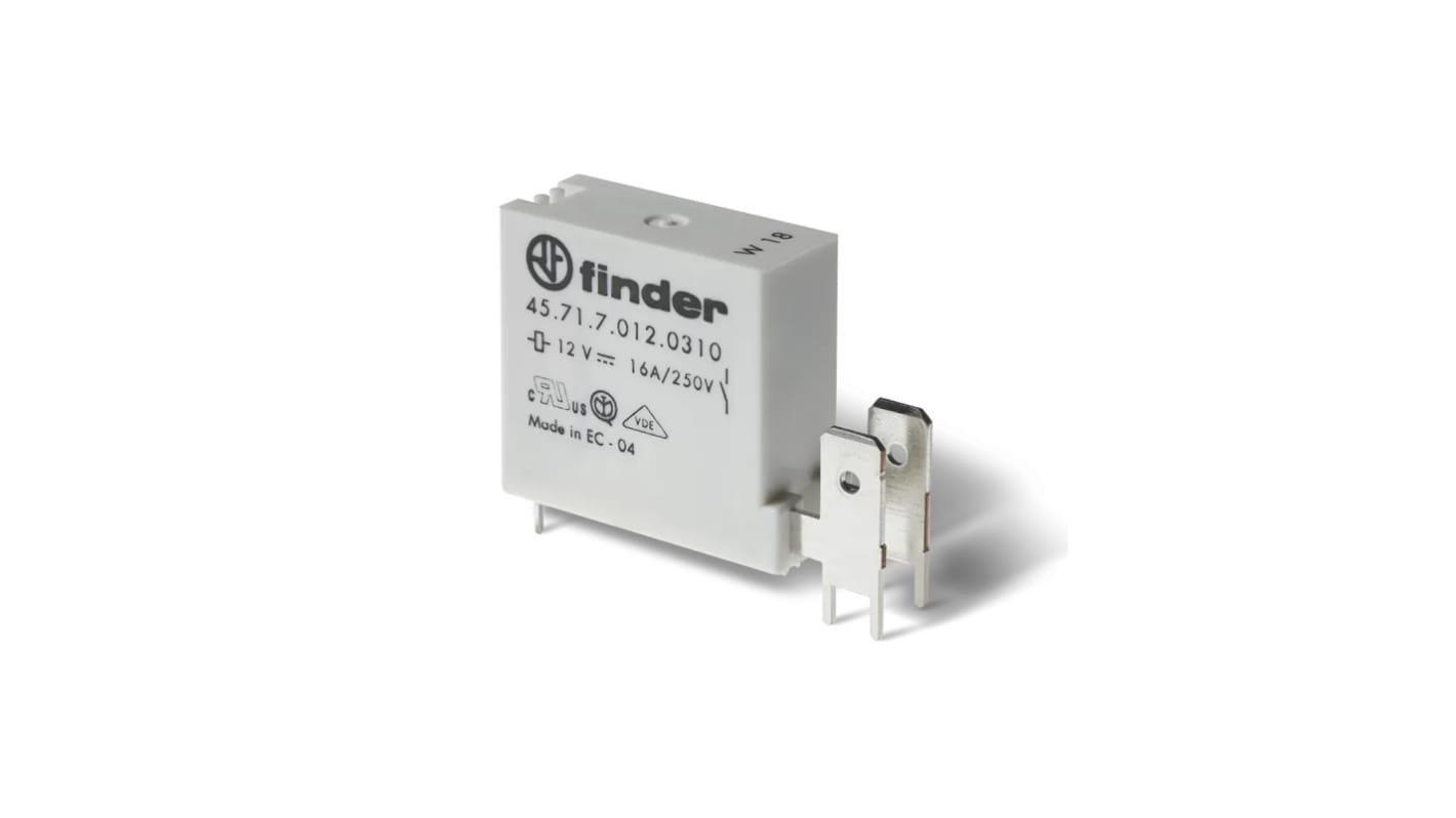 Finder Fast-On Terminal. Power Relay, 12V dc Coil, 16A Switching Current, SPDT