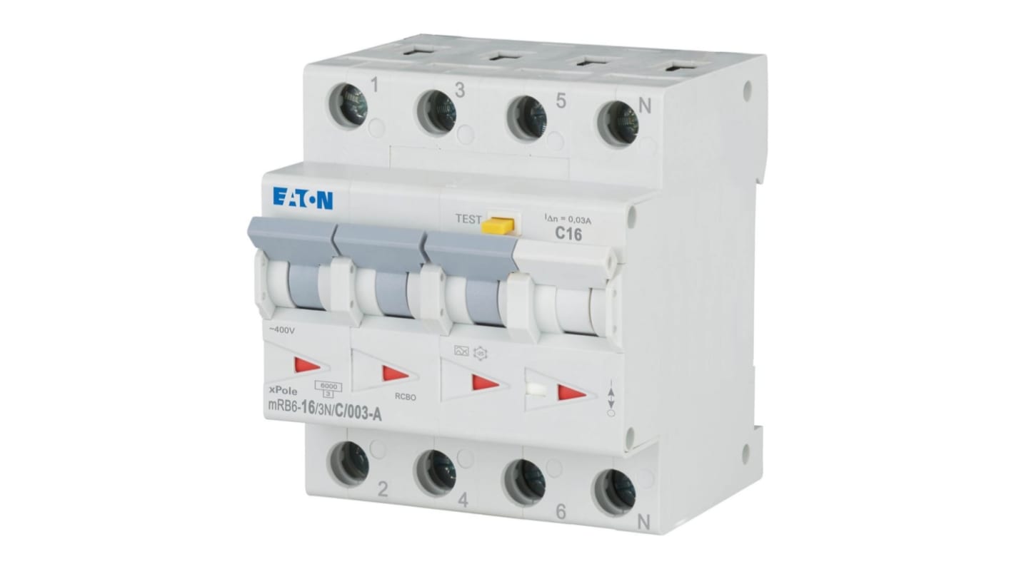 Eaton RCBO, 16A Current Rating, 3P Poles, Type C, MRB6 Range