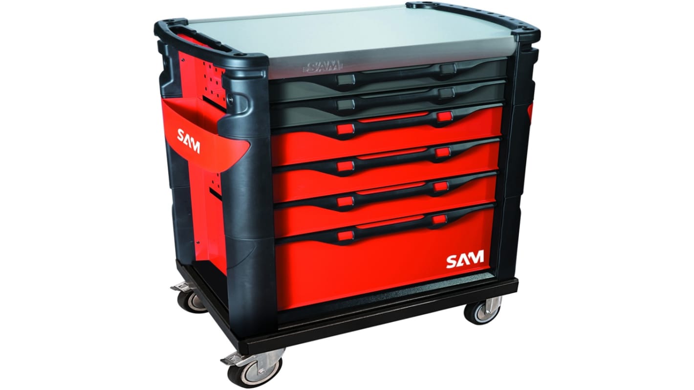 Maleta trolley para herramientas SAM de Acero Inoxidable con 6 cajones, 834mm (l.) x 510mm (an.) x 1m (alt.)