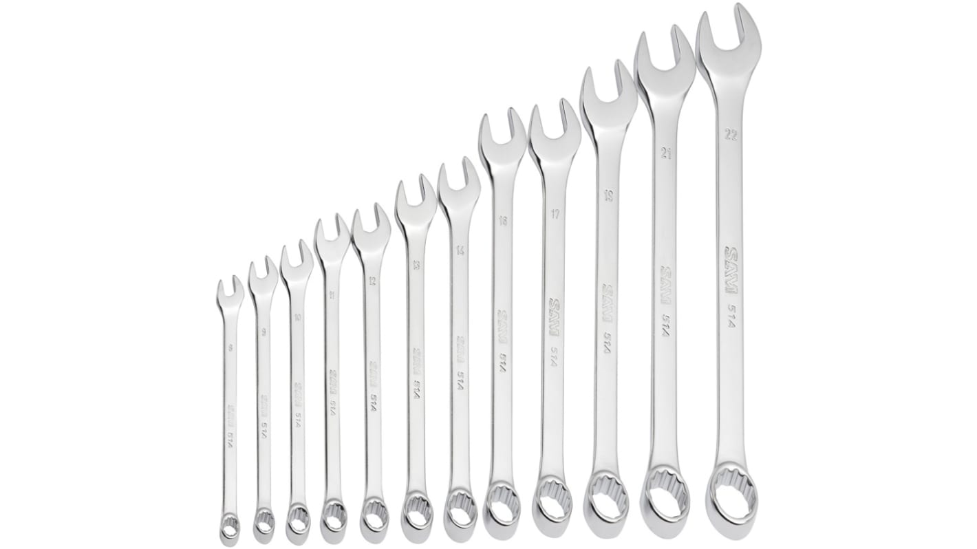 SAM 50A Series 12-Piece Combination Spanner Set, 8 → 19 mm, Chrome Vandium Steel