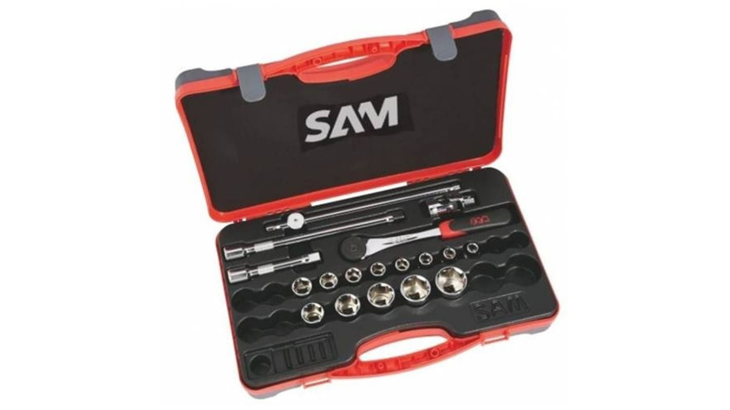 SAM 18-Piece Metric 1/2 in Standard Socket Set with Ratchet, 6 point