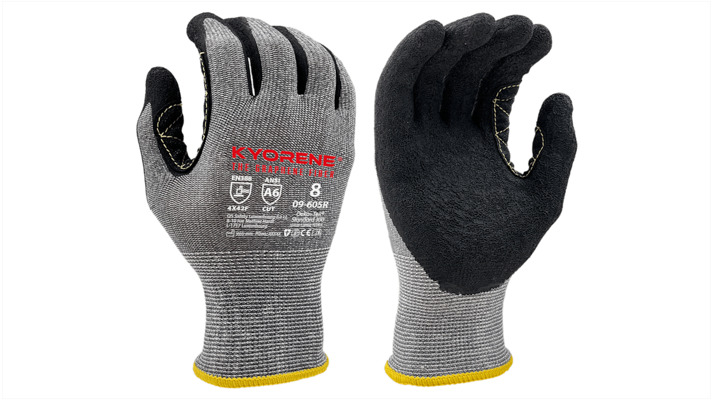 KYORENE 09-605R1 Black, Grey Graphene, Nylon Cut Resistant Gloves, Size 7, Latex Coating