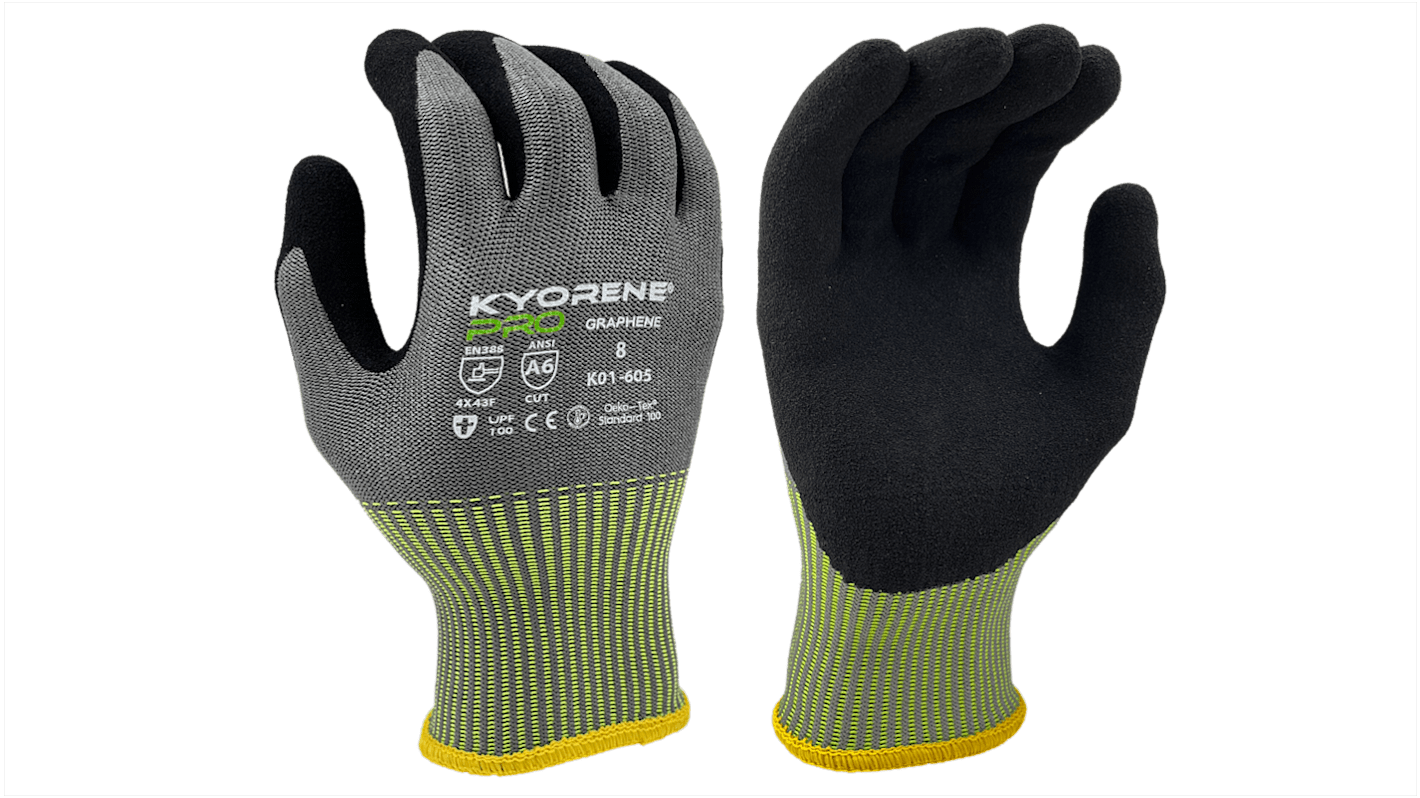 Guantes de Grafeno, Nylon Negro; gris KYORENE serie K01-605, talla 11, con recubrimiento de Microespuma de nitrilo