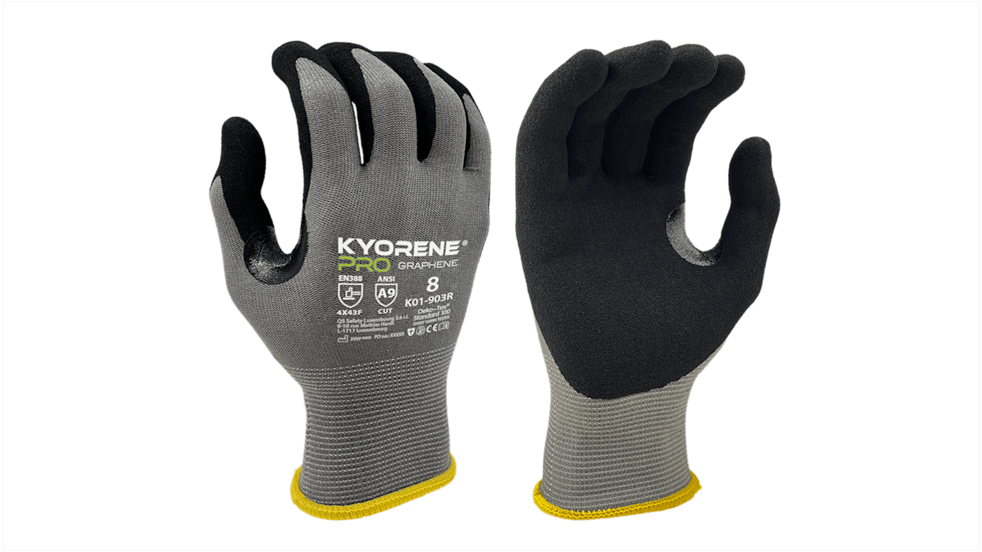 Guantes de Grafeno, Nylon Negro; gris KYORENE serie K01-903R, talla 7, con recubrimiento de Microespuma de nitrilo