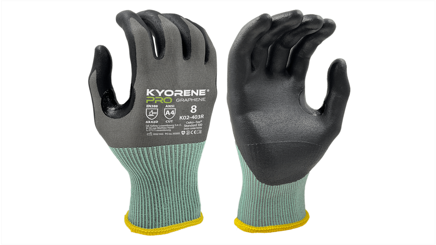 KYORENE K02-403R Arbeitshandschuhe, Größe 6, XS, Schneidfest, Graphen, Nylon Schwarz, Grau 12Paare Stk.