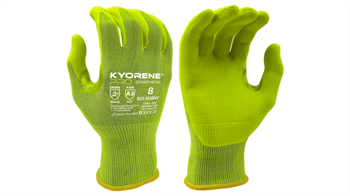 Guantes de Grafeno, Nylon Amarillo KYORENE serie K03-303R HV, talla 10, con recubrimiento de Nitrilo