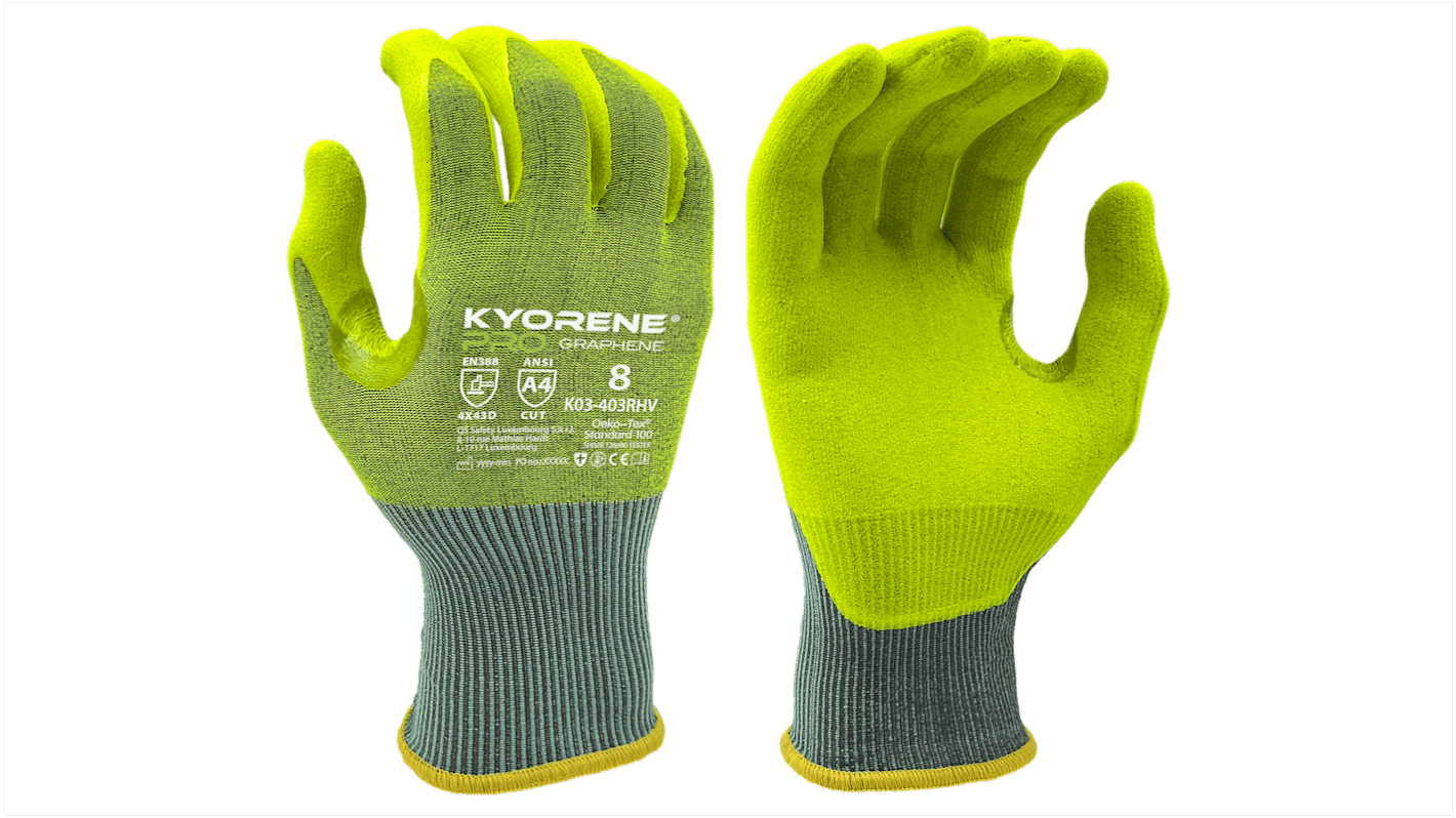 Guantes de Grafeno, Nylon Gris, Amarillo KYORENE serie K03-403R HV, talla 11, con recubrimiento de Nitrilo