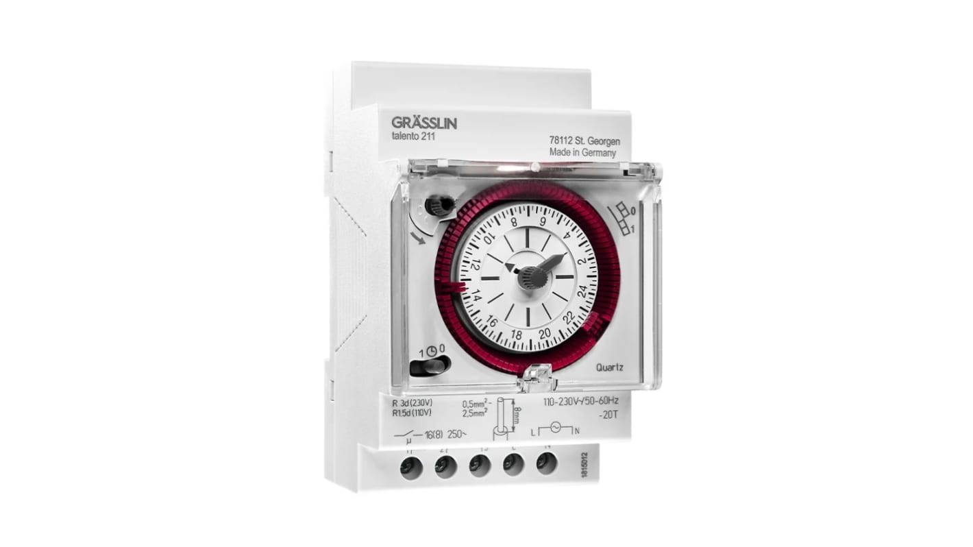 Grässlin Analog DIN-Schienen-Zeitschaltuhr, Stunden, 110 → 230 V AC, 1-Kanal