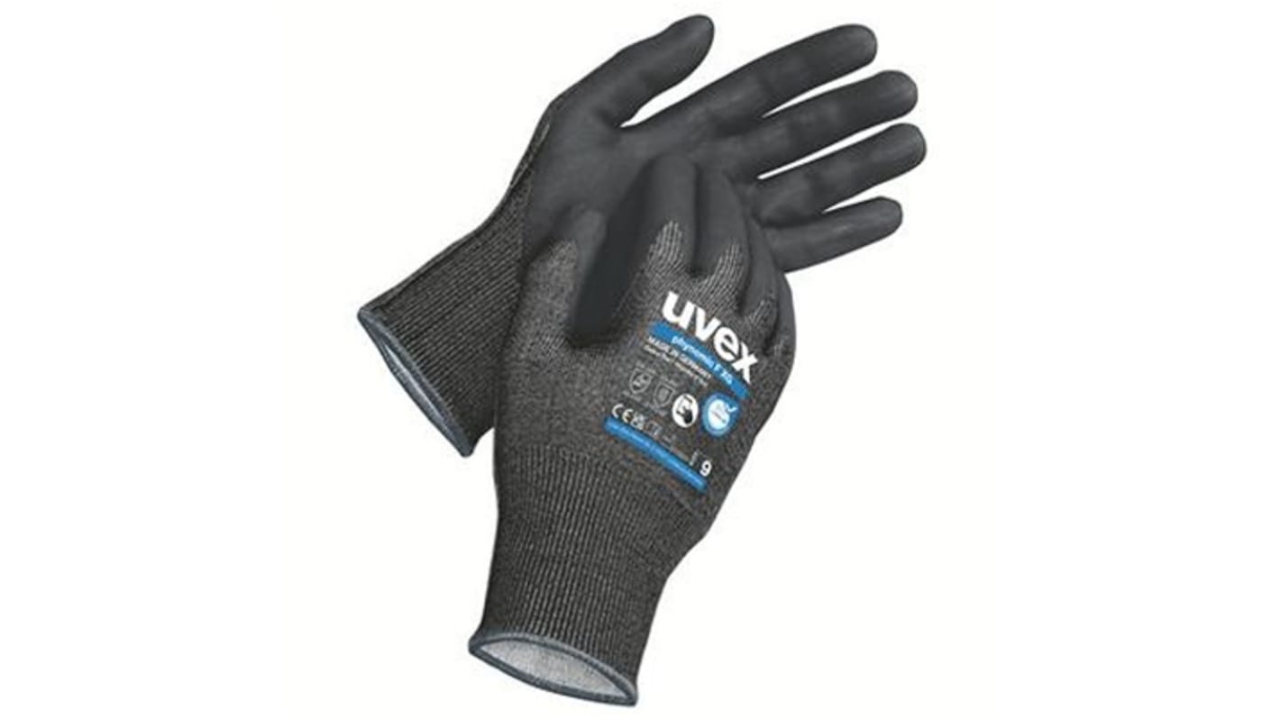 Uvex 60068 Black Elastane, HPPE, Polyamide, Steel Cut Resistant Work Gloves, Size 7, Aqua Polymer Coating