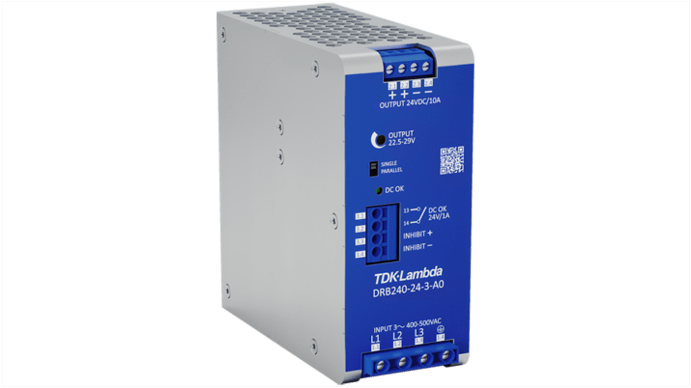 TDK-Lambda DRB120/240-3 DIN Rail Power Supply, 350 → 575V ac ac Input, 24V dc dc Output, 10A Output, 240W