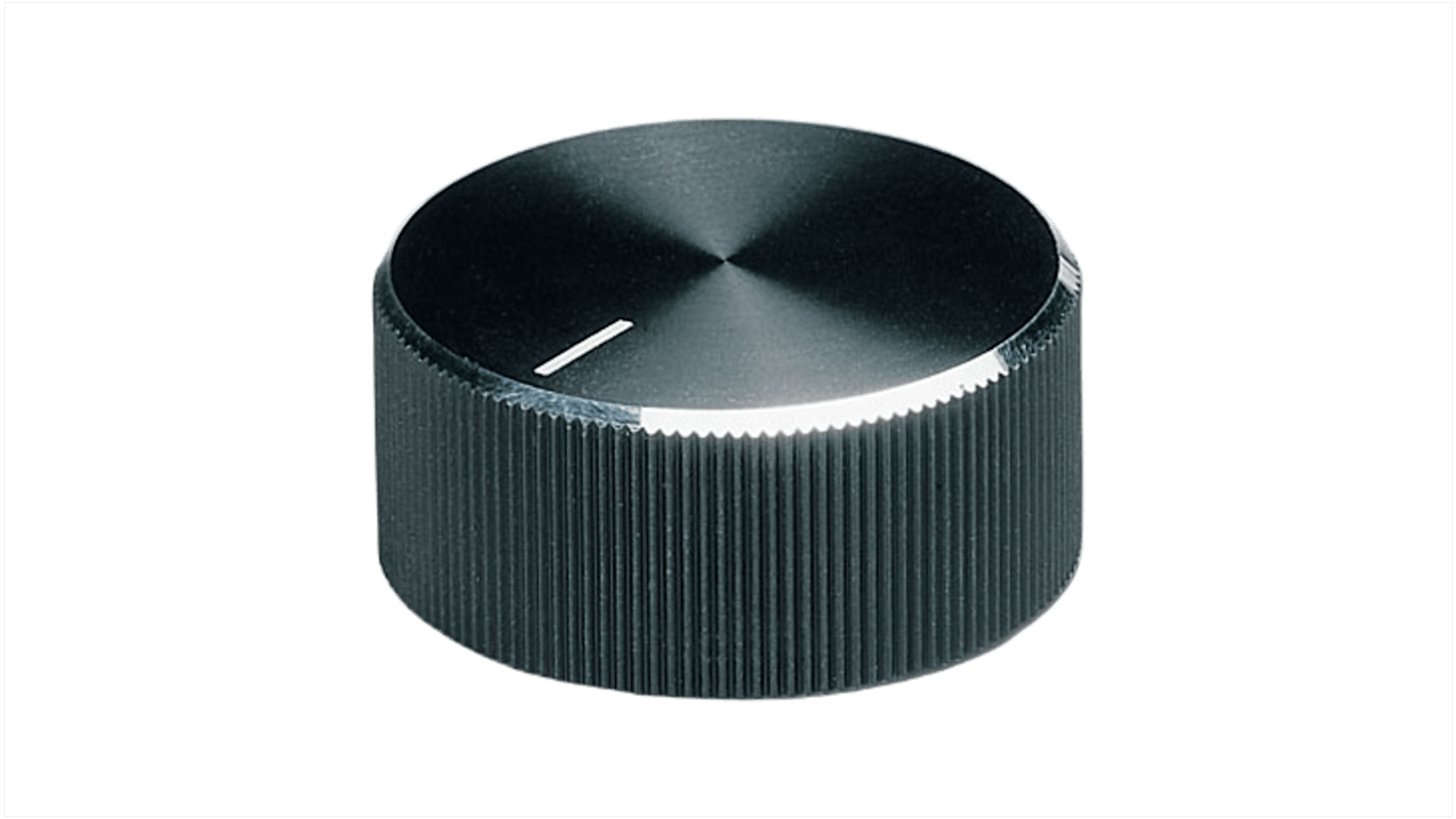 Mando de potenciómetro OKW, eje 6mm, diámetro 18.6mm, Color Negro, indicador Blanco Eje redondo