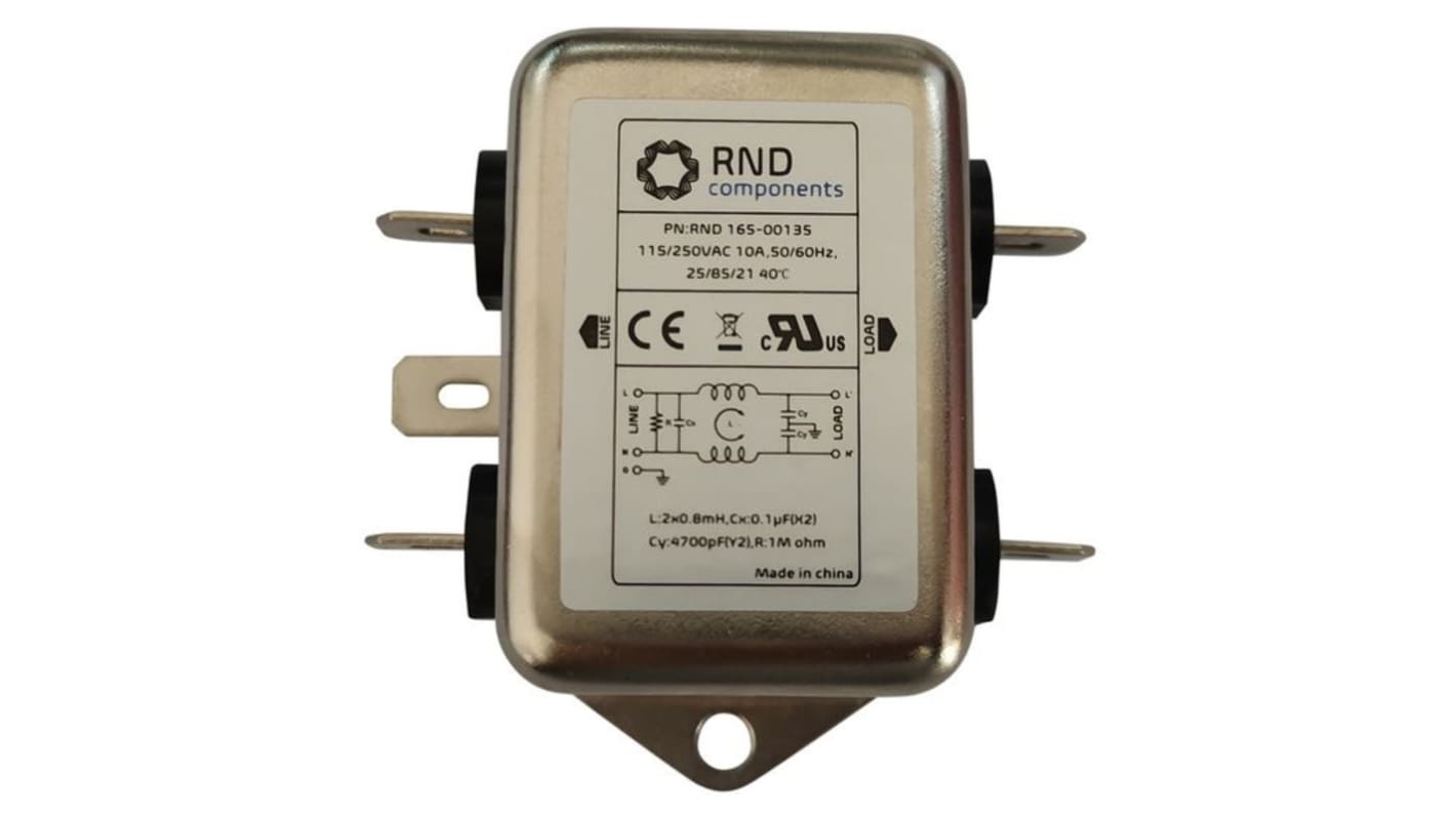 Filtr EMI, řada: RND 165, 250 V, 50 Hz, 60 Hz, Montáž na rám, Jazýček, 10A, RND