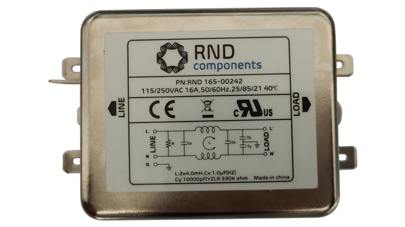 RND, RND 165 16A 250 V 50 Hz, 60 Hz, Chassis Mount EMI Filter, Tab, Single Phase