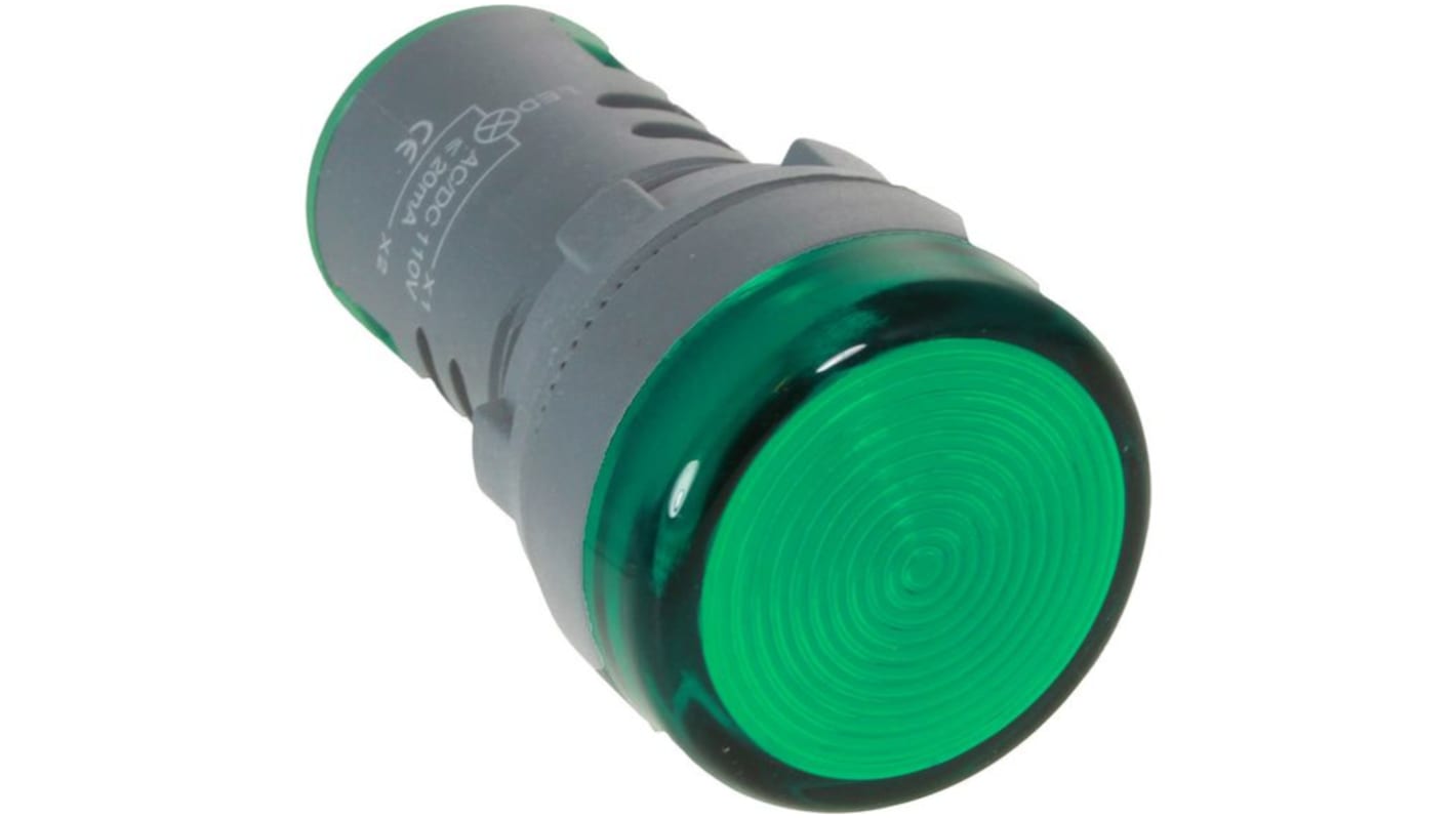 Voyant lumineux LED RND Vert 24V, Ø découpe 22mm, Montage panneau, IP65