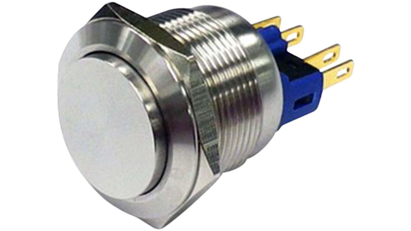 RND RND 210 Series Vandal Proof Push Button Switch, On-(On), Panel Mount, 22mm Cutout, 1NC, 1NO, 250V ac, IP65