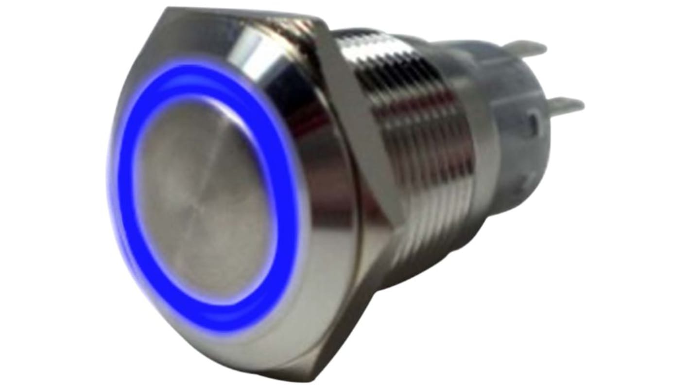 RND RND 210 Series Illuminated Vandal Proof Push Button Switch, On-(On), Panel Mount, 19mm Cutout, 1NC, 1NO, Blue LED,