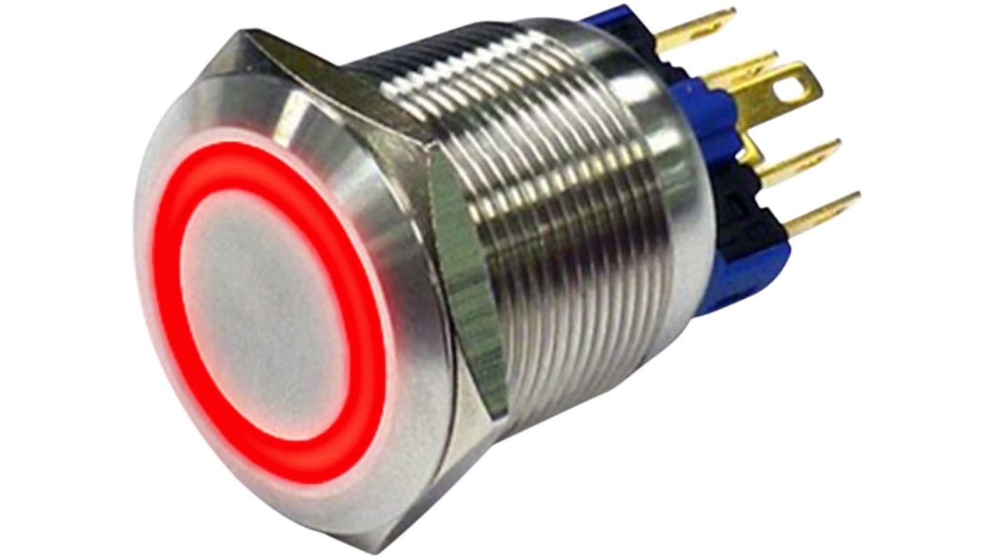 RND RND 210 Series Illuminated Vandal Proof Push Button Switch, On-(On), Panel Mount, 22mm Cutout, 1NC, 1NO, Red LED,