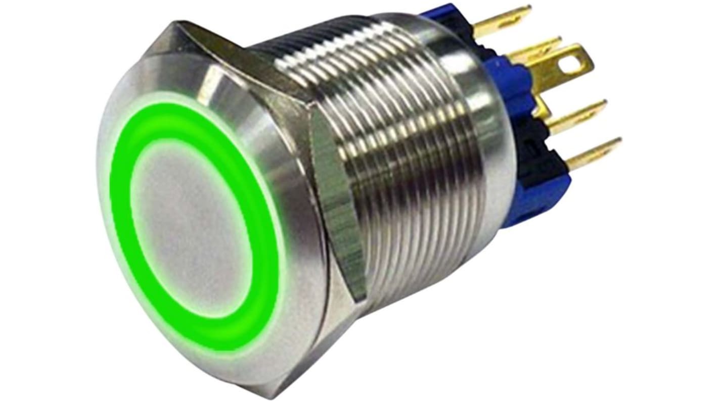 RND RND 210 Series Illuminated Vandal Proof Push Button Switch, Latching, Panel Mount, 19mm Cutout, 1NC, 1NO, Green