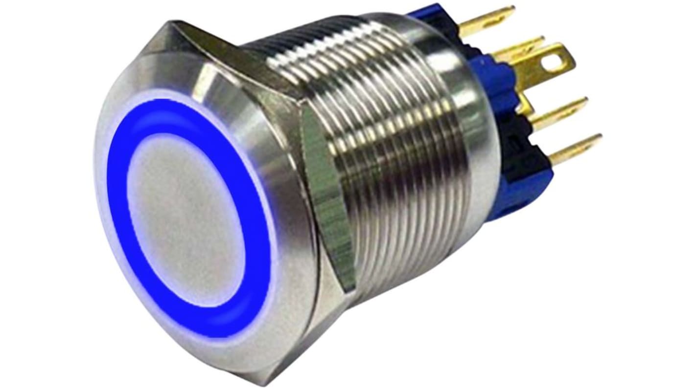 RND RND 210 Series Illuminated Vandal Proof Push Button Switch, Latching, Panel Mount, 19mm Cutout, 1NC, 1NO, Blue LED,