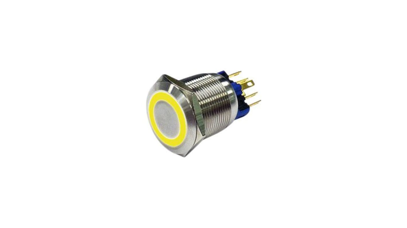 RND RND 210 Series Illuminated Vandal Proof Push Button Switch, On-(On), Panel Mount, 22mm Cutout, 1NC, 1NO, Yellow