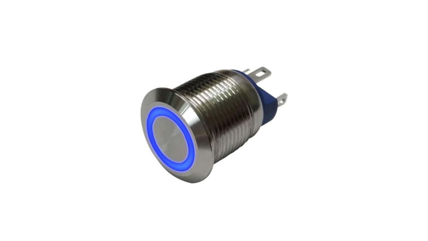 RND RND 210 Series Illuminated Vandal Proof Push Button Switch, (On)-Off, Panel Mount, 12mm Cutout, 1NO, Blue LED, 36V