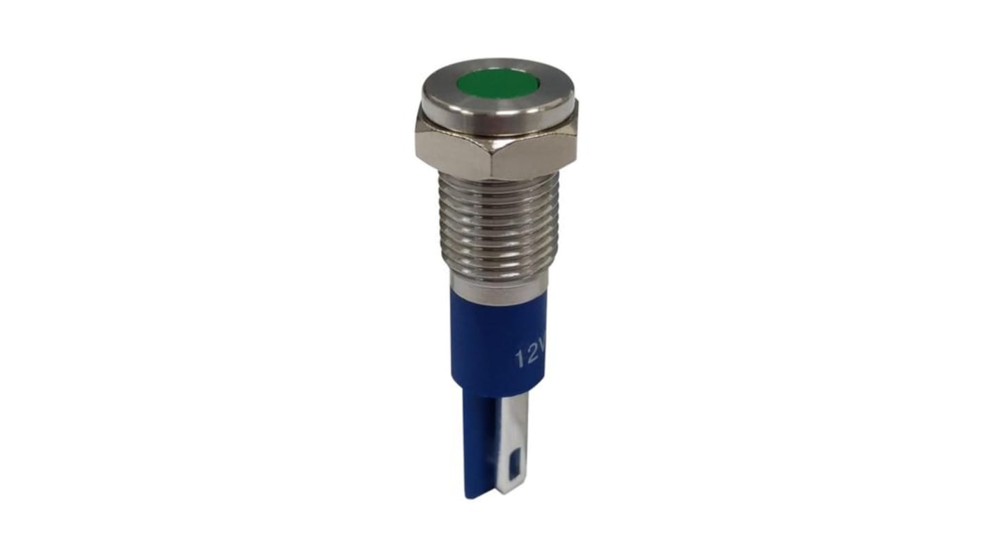 RND RND 210 Series Green Panel Mount Indicator, 12V, 8mm Mounting Hole Size, Solder Tab Termination