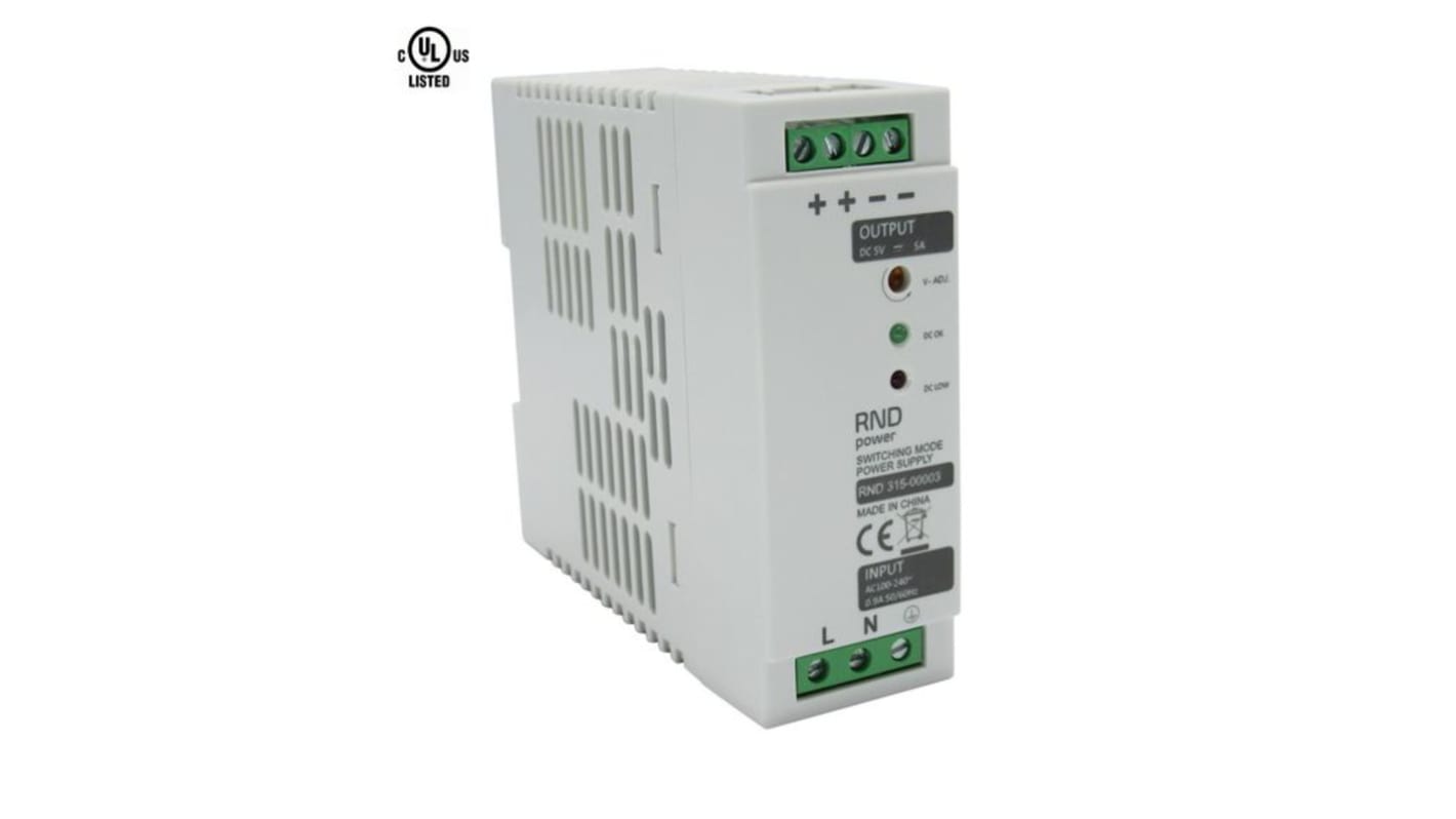 RND RND 315 Switched Mode DIN Rail Power Supply, 100 → 240V ac ac Input, 5V dc dc Output, 5A Output, 30W