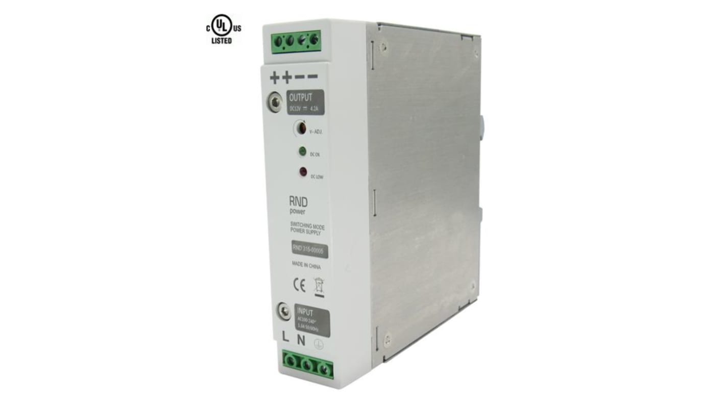 RND RND 315 Switched Mode DIN Rail Power Supply, 100 → 240V ac ac Input, 12V dc dc Output, 4.2A Output, 50W