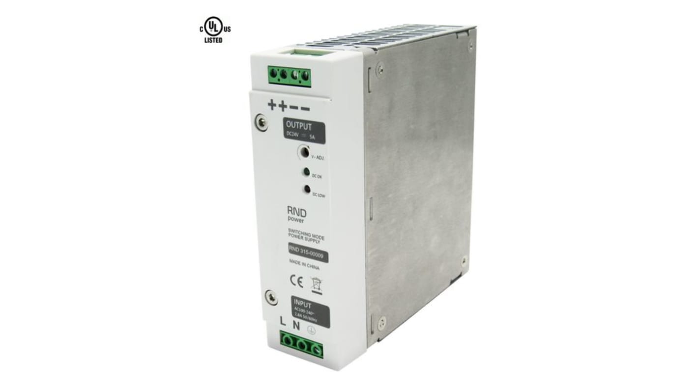 RND RND 315 Switched Mode DIN Rail Power Supply, 100 → 240V ac ac Input, 24V dc dc Output, 5A Output, 120W