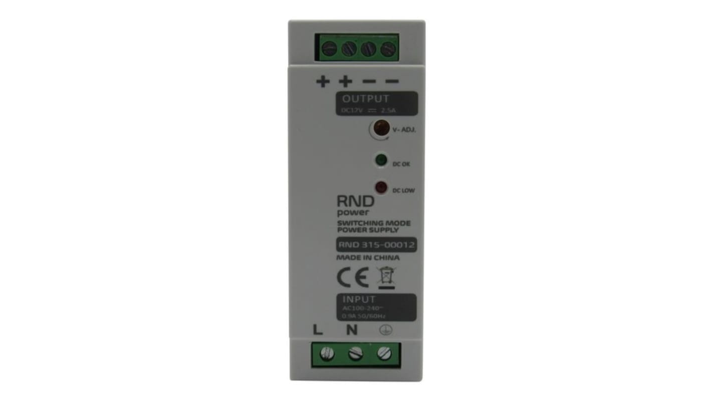 RND RND 315 Switched Mode DIN Rail Power Supply, 100 → 240V ac ac Input, 12V dc dc Output, 2.5A Output, 30W