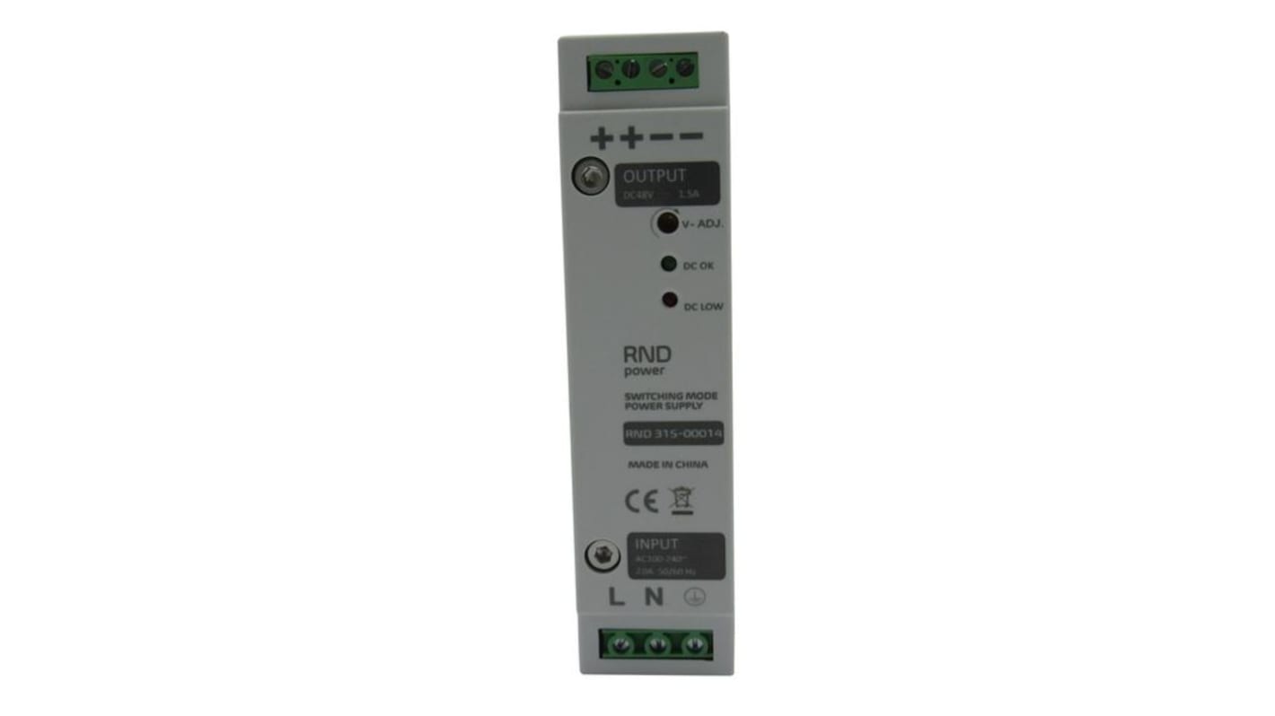 RND RND 315 Switched Mode DIN Rail Power Supply, 100 → 240V ac ac Input, 48V dc dc Output, 1.5A Output, 70W