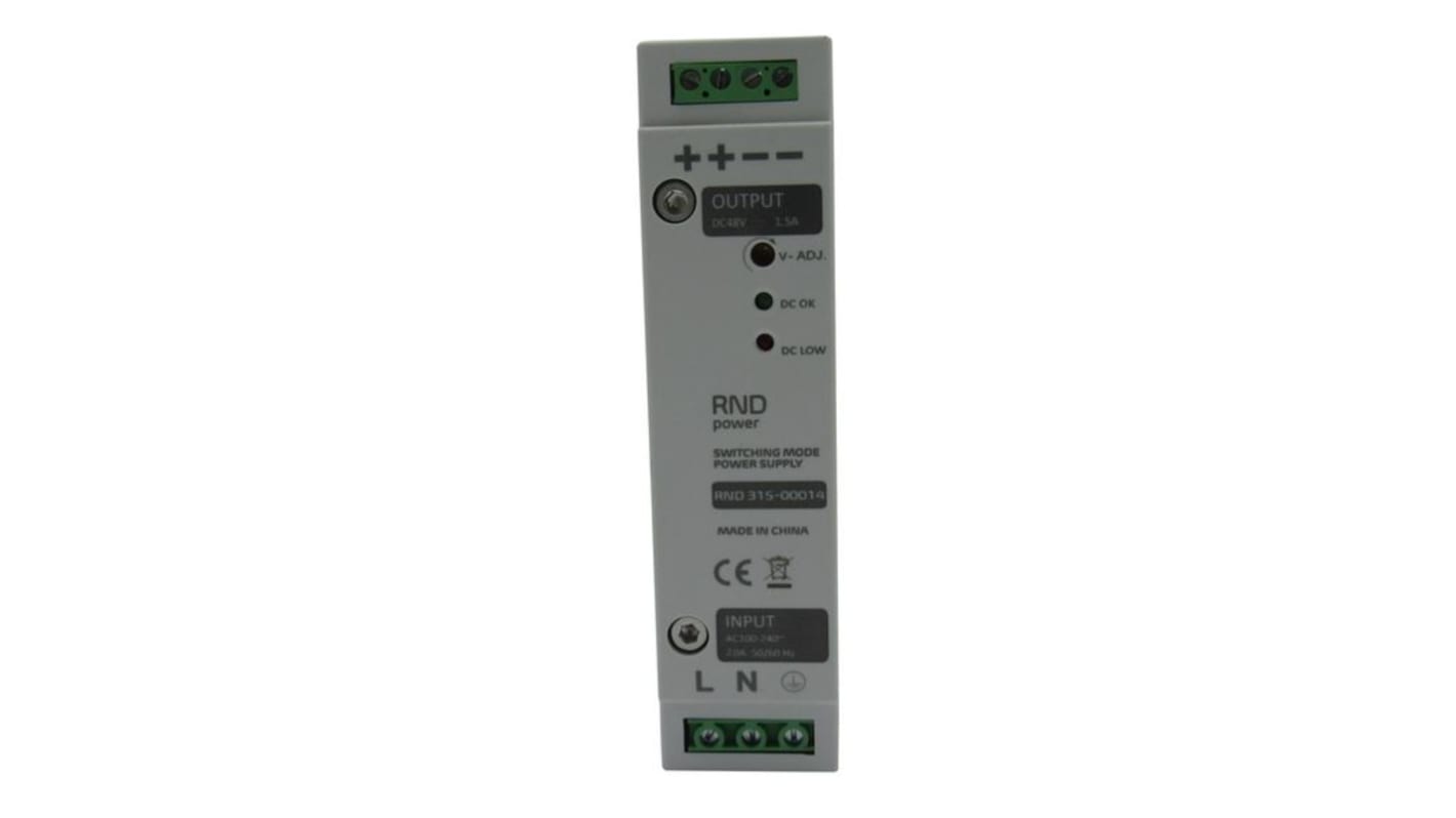 RND RND 315 Getaktet DIN-Schienen Netzteil 70W, 100 → 240V ac, 48V dc / 1.5A