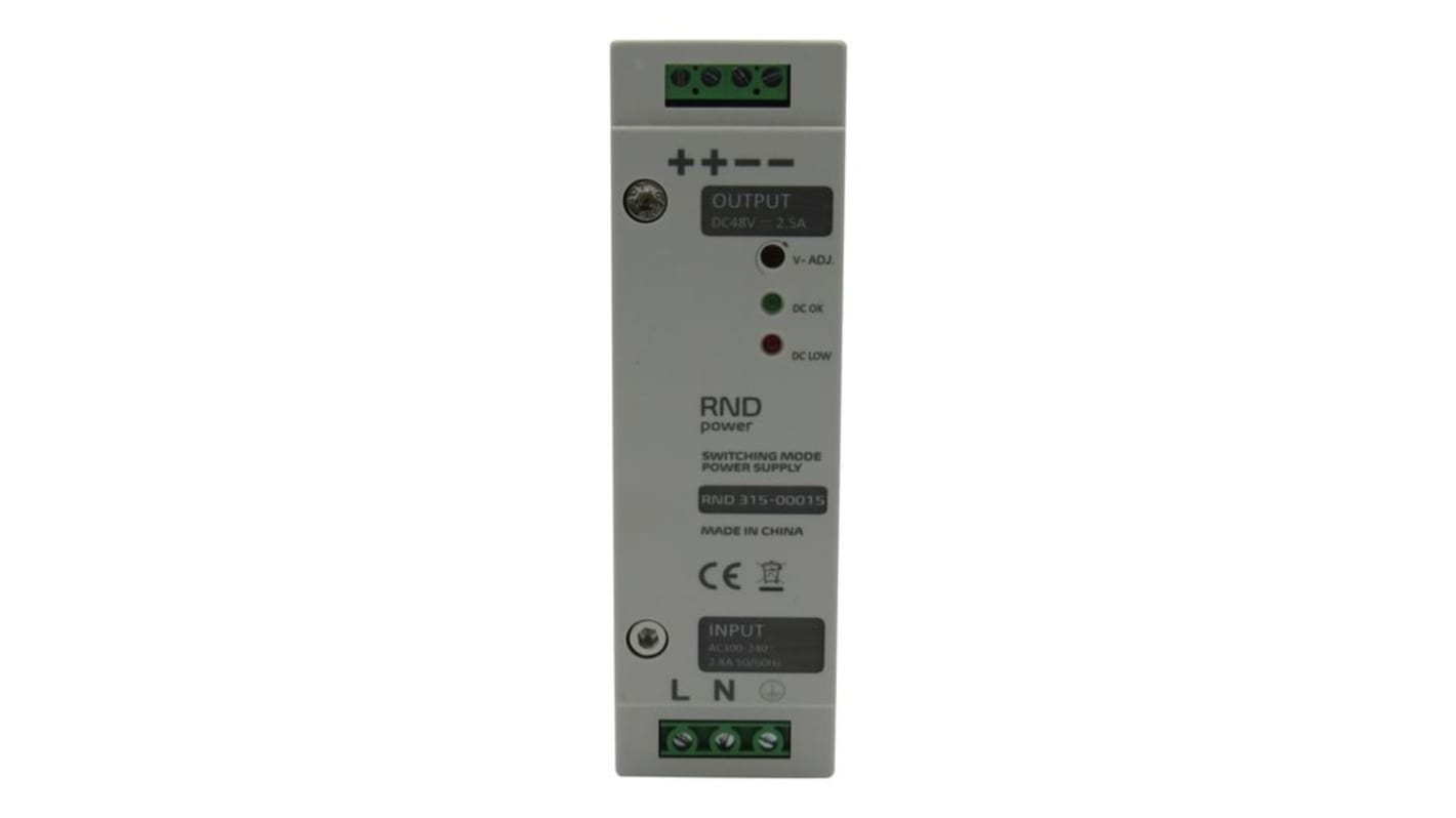 RND RND 315 Switched Mode DIN Rail Power Supply, 100 → 240V ac ac Input, 48V dc dc Output, 2.5A Output, 120W