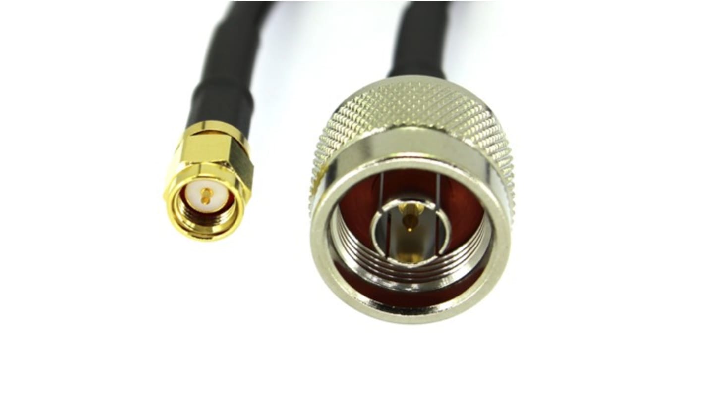 Cable coaxial RG58 RS PRO, 50 Ω, con. A: Tipo N, Macho, con. B: SMA, Macho, long. 1m, funda de Polietileno (PE) Negro