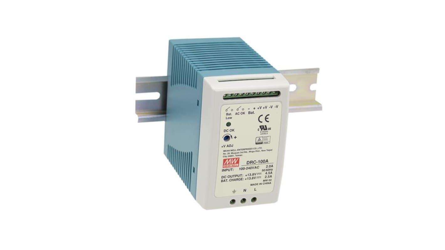 MEAN WELL DRC Battery Charger DIN Rail Power Supply, 264V ac ac Input, 13.8V dc dc Output, 2.25A Output, 100W