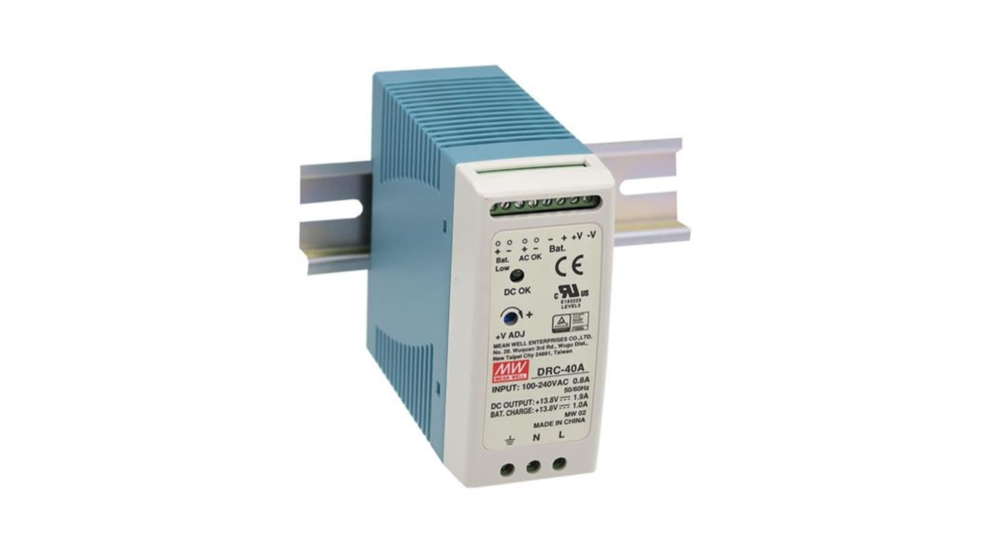 MEAN WELL DRC Battery Charger DIN Rail Power Supply, 264V ac ac Input, 13.8V dc dc Output, 1.9A Output, 40W