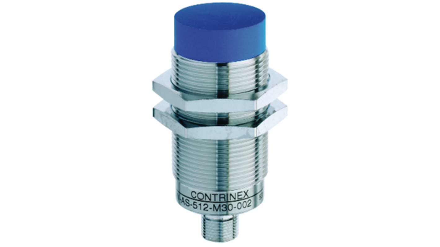 Contrinex DW-AS Series Inductive Barrel-Style Inductive Proximity Sensor, M30 x 1.5, 40 mm Detection, PNP NO Output, 10