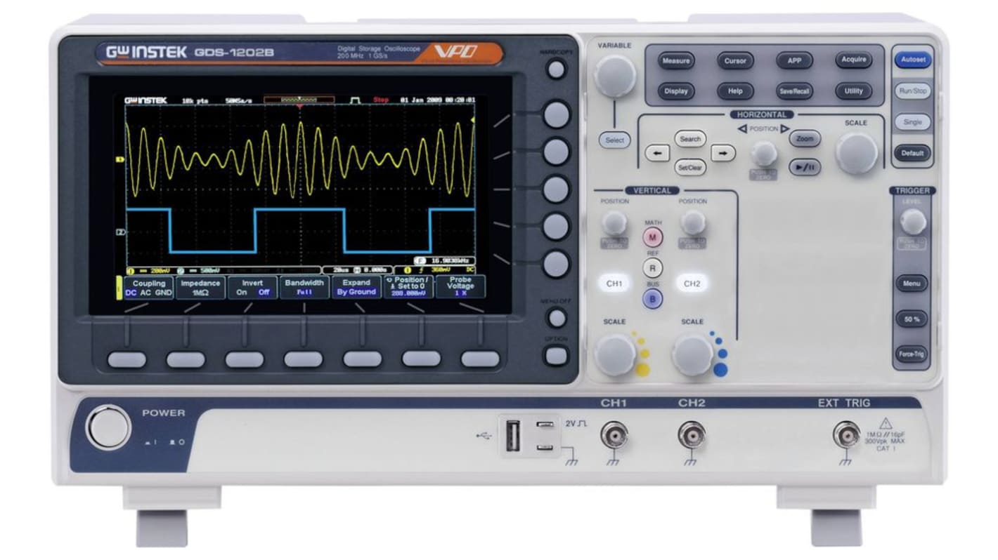 Osciloscopio de banco GW Instek, canales:2 A, 200MHZ, pantalla de 7plg