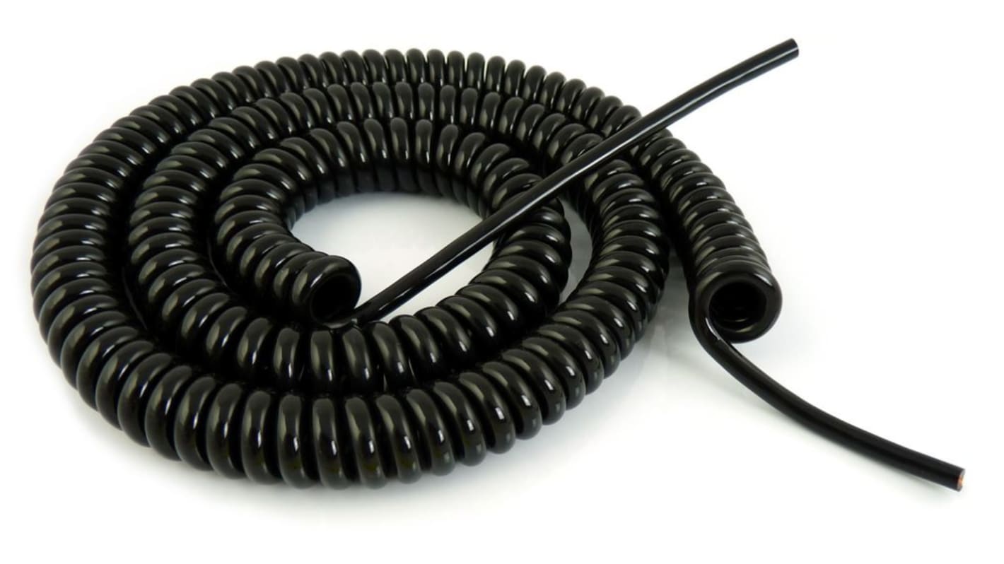 The Best Solution 3 Core Multicore Mains Power Cable, 0.75 mm², 2m, Black Polyurethane PUR Sheath, Spiral Cable