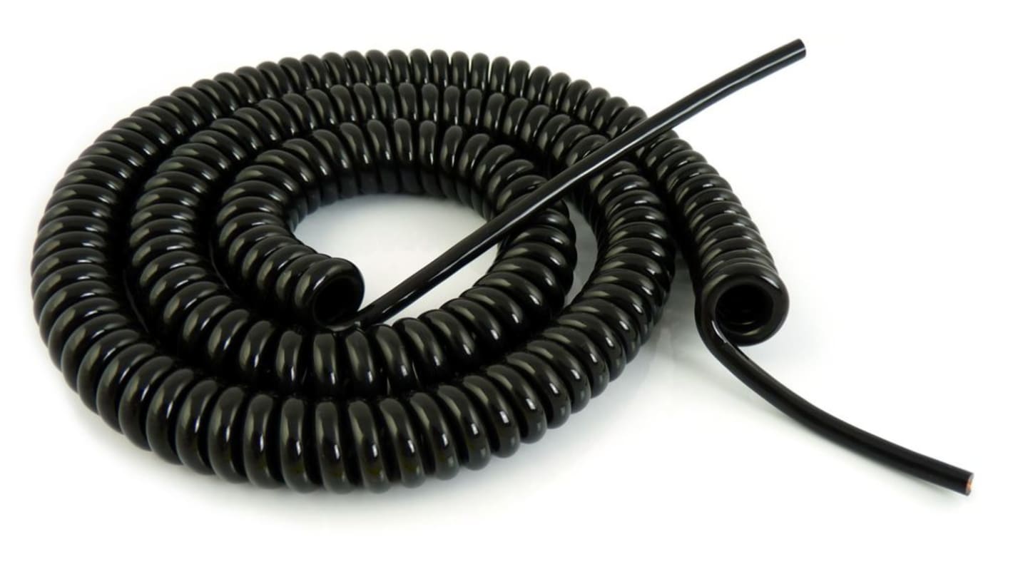 The Best Solution 5 Core Multicore Mains Power Cable, 0.75 mm², 2m, Black Polyurethane PUR Sheath, Spiral Cable