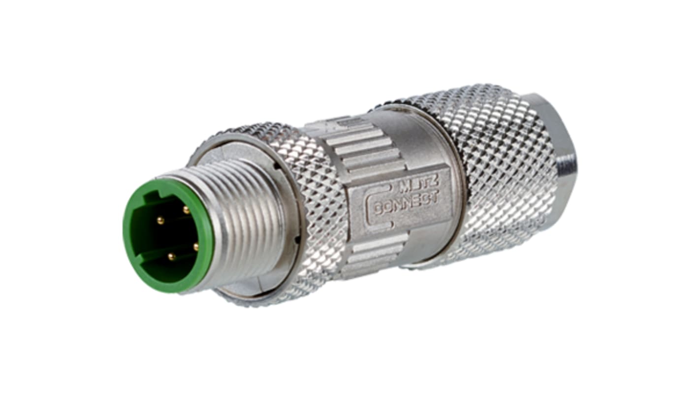 Metz Connect Industrial Circular Connectors, 4 Contacts, Cable Mount, M12 Connector, Plug, Male, IPX7