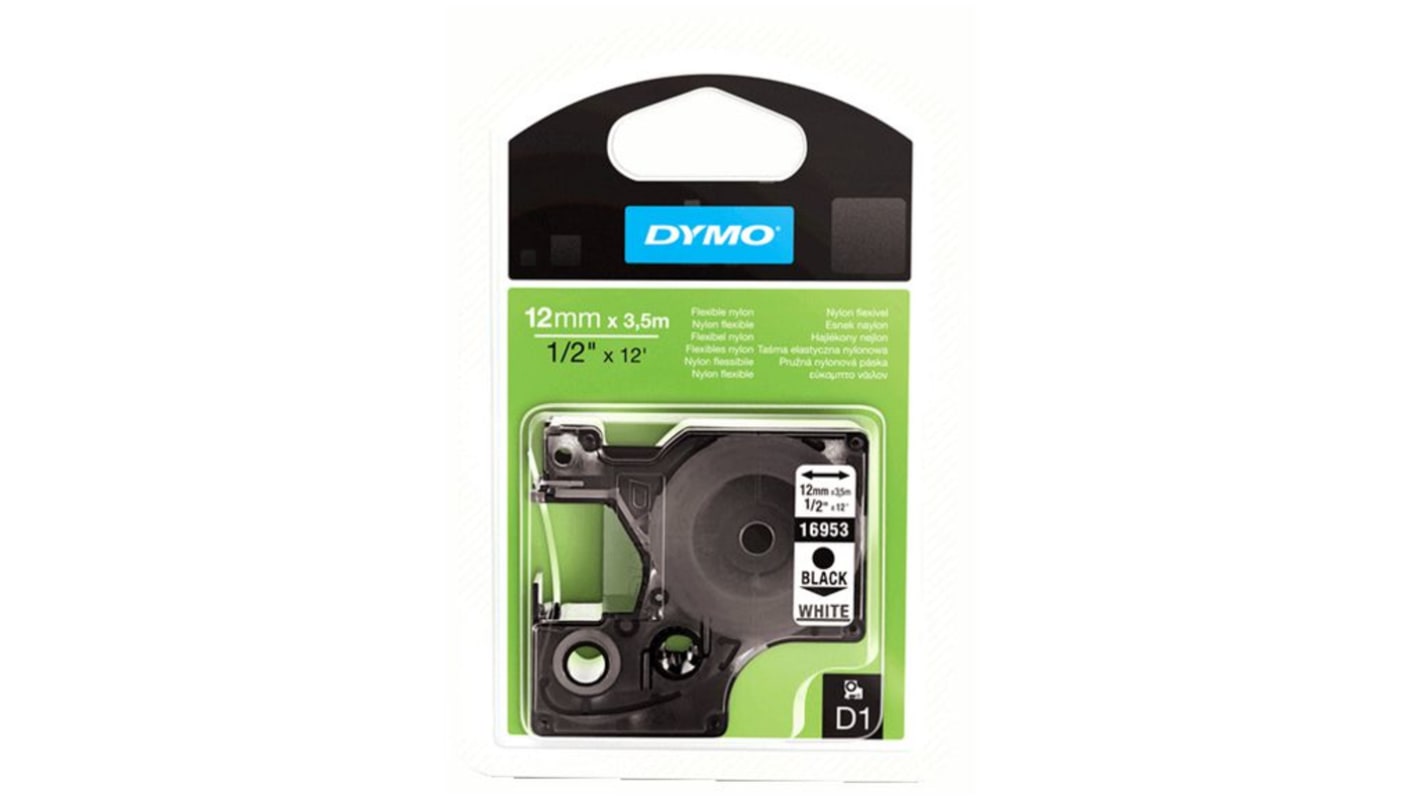 Dymo D1 FLEXIBLE Black on White Label Printer Tape, 3.5 m Length, 12 mm Width