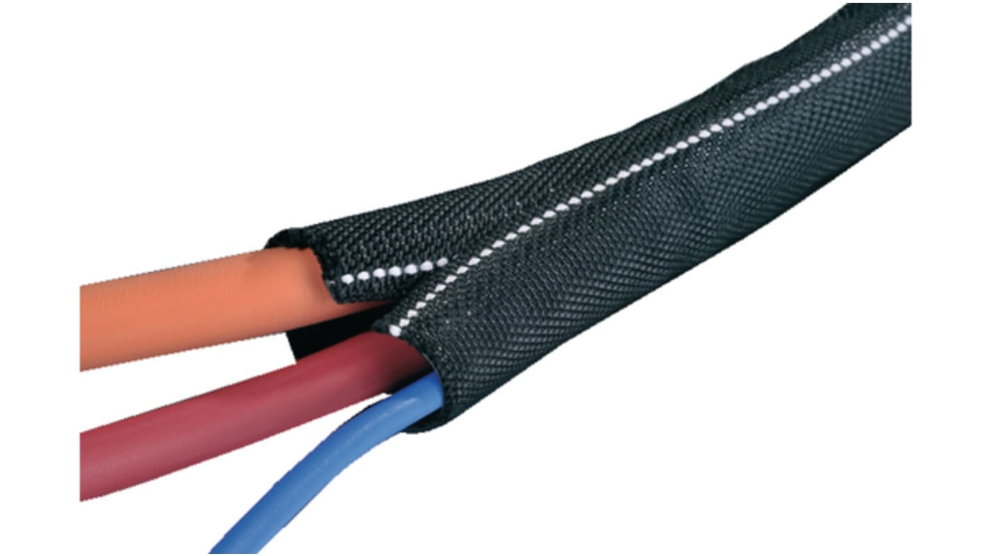 HellermannTyton Expandable Braided Polyester Black with White Cable Sleeve, TWIST-IN-FR Series