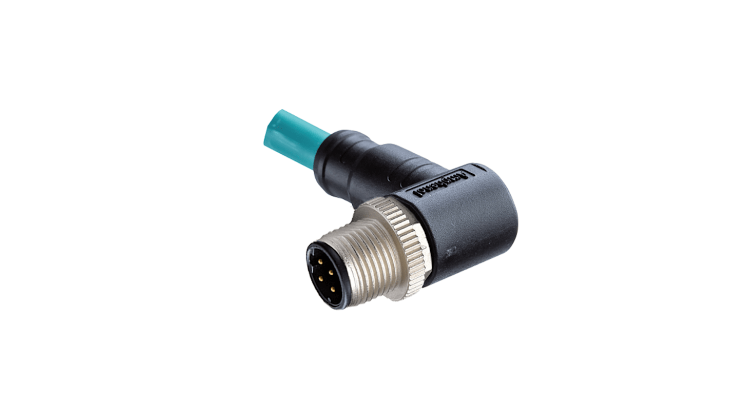 Amphenol Industrial Right Angle Male 4 way M12 to Pigtail Connector & Cable, 5m