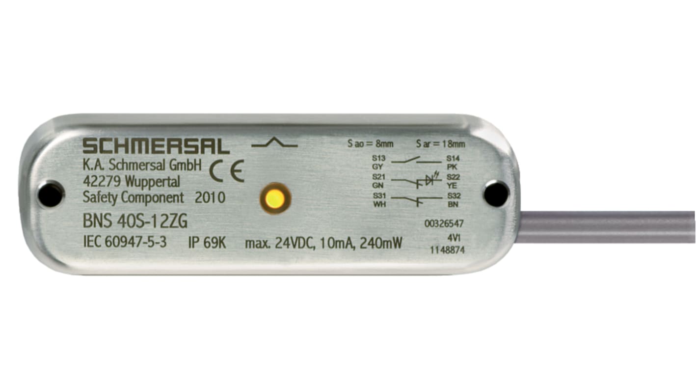 Schmersal EX-BNS40S-12 Series Flush Magnetic Non-Contact Safety Switch, 24V dc, Stainless Steel Housing, NO/2NC, 1m